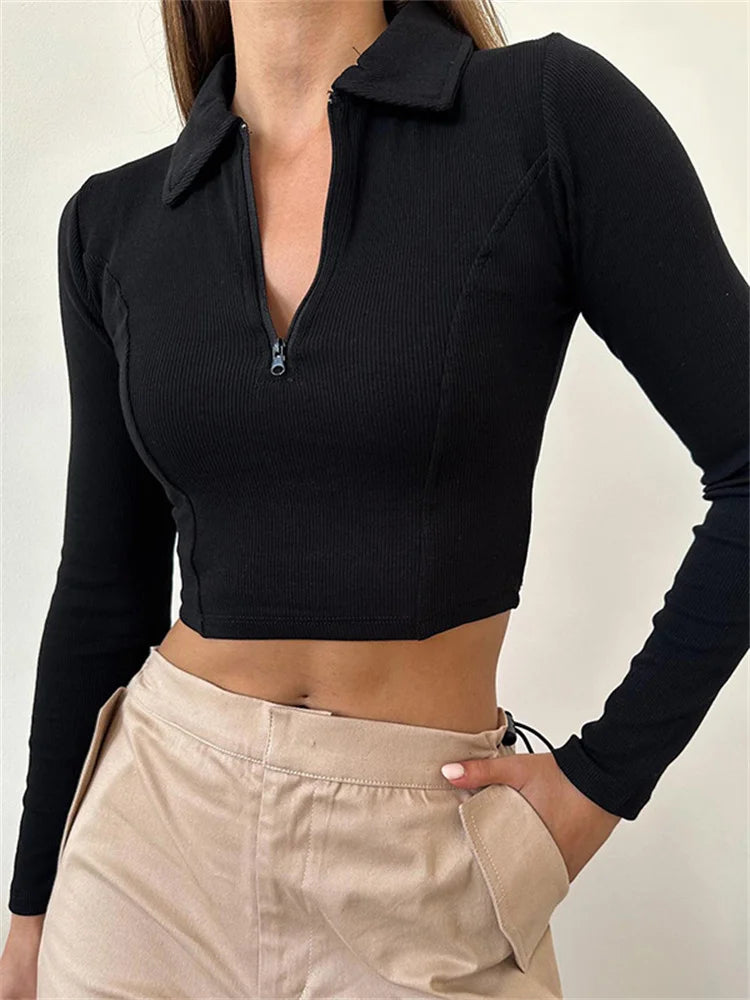 FashionSierra - Half Zip Up Cropped Solid Color Ribbed Lapel Long Sleeve Casual Exposed Navel Slim Fit Tee FashionSierra - Half Zip Up Cropped Solid Color Ribbed Lapel Long Sleeve Casual Exposed Navel Slim Fit Tee