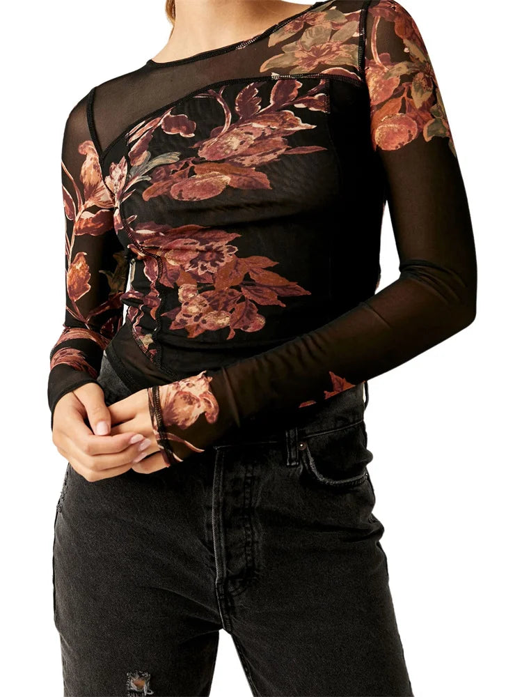 FashionSierra - Mesh See Through Slim Fit Floral Print Long Sleeve O-Neck for Spring Summer Streetwear Tee FashionSierra - Mesh See Through Slim Fit Floral Print Long Sleeve O-Neck for Spring Summer Streetwear Tee