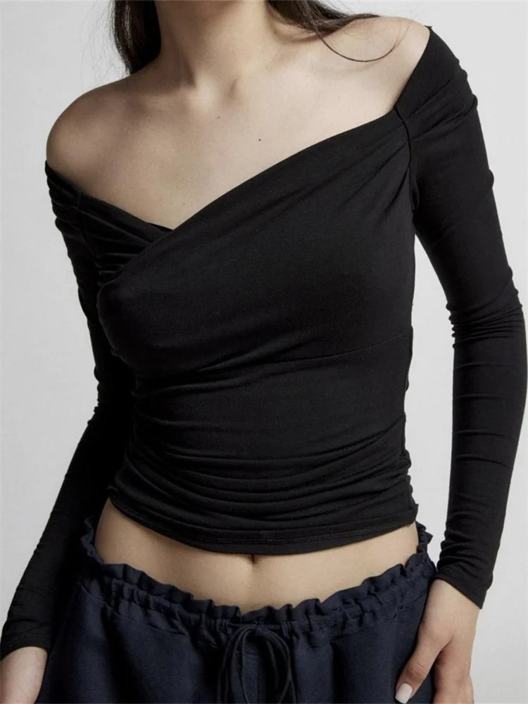 FashionSierra - Sexy Low Cut Off Shoulder Long Sleeve Solid Color Slim Fit Ruched Streetwear New Tee FashionSierra - Sexy Low Cut Off Shoulder Long Sleeve Solid Color Slim Fit Ruched Streetwear New Tee